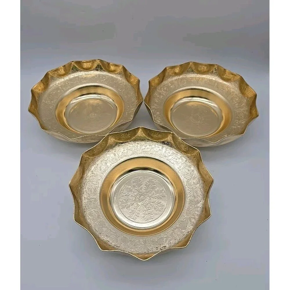 VTG 3 Kalian NYC Gold Aluminum Bowls Dishes Italy Scalloped Edge Intricate